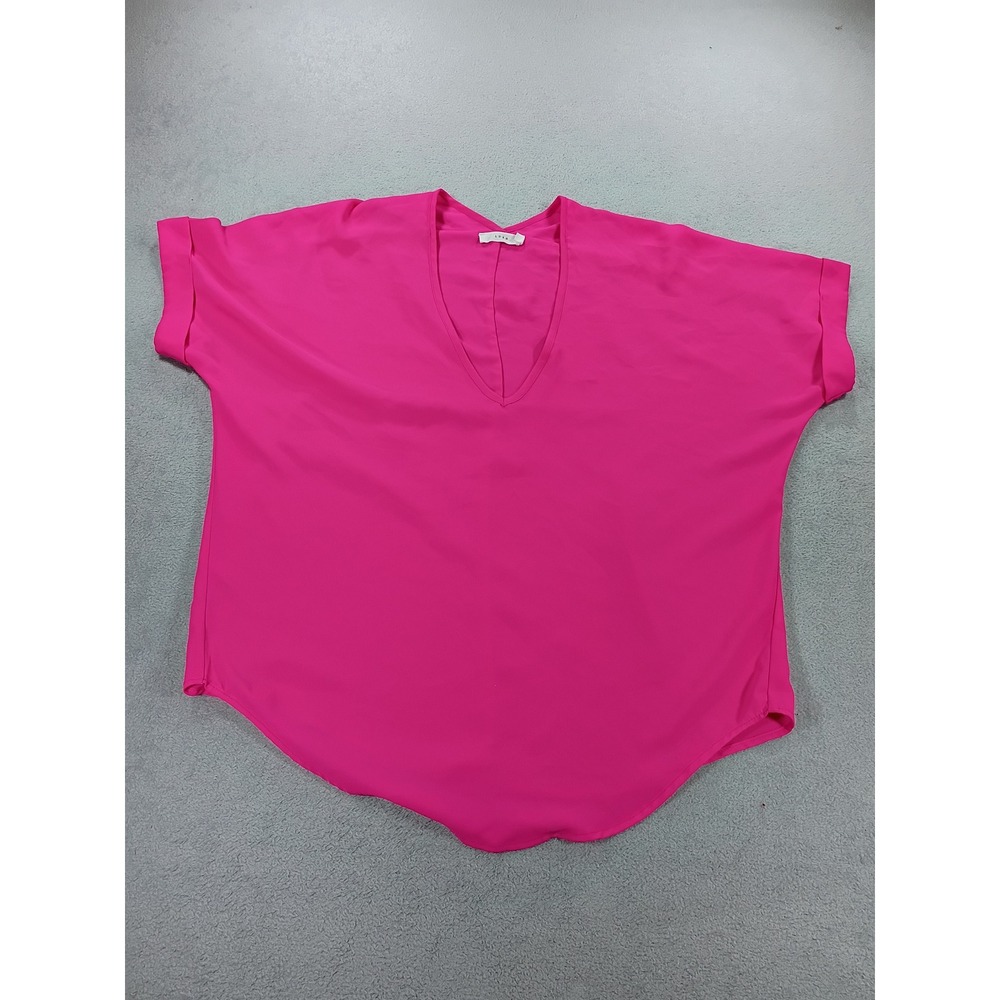 Lush Women V-Neck Blouse Hot Pink Small Cuffed Sleeve Top
